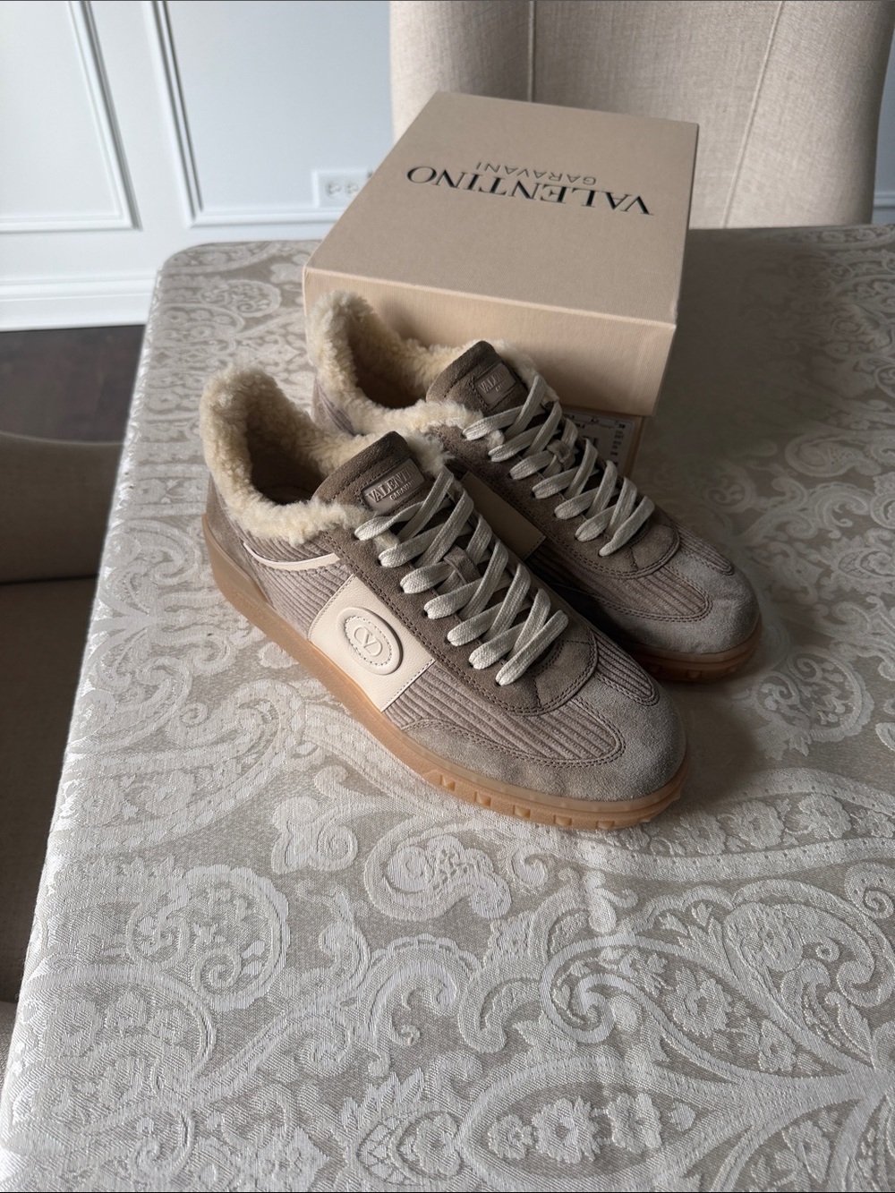 Valentino women  Taupe Suede Sneakers with Cream Shearling
